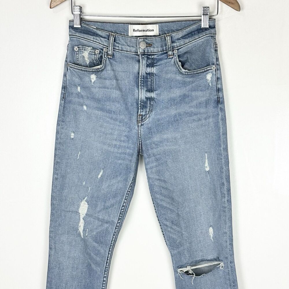 Reformation High Rise Skinny Jeans 27 Light Wash Distressed Minimalist Y2K Denim - Picture 3 of 12